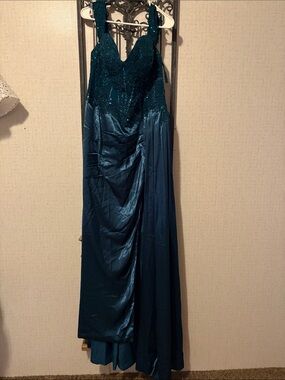 Teal Beaded Lace and Satin Prom Dress